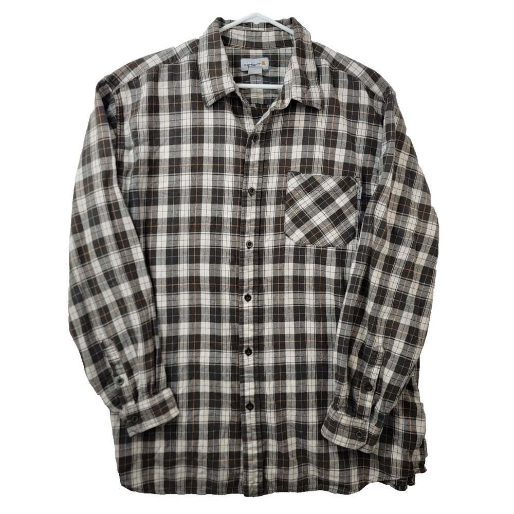 Carhartt Mens XXL Plaid Flannel Gray Brown Button-Up Long Sleeve Collar Shirt